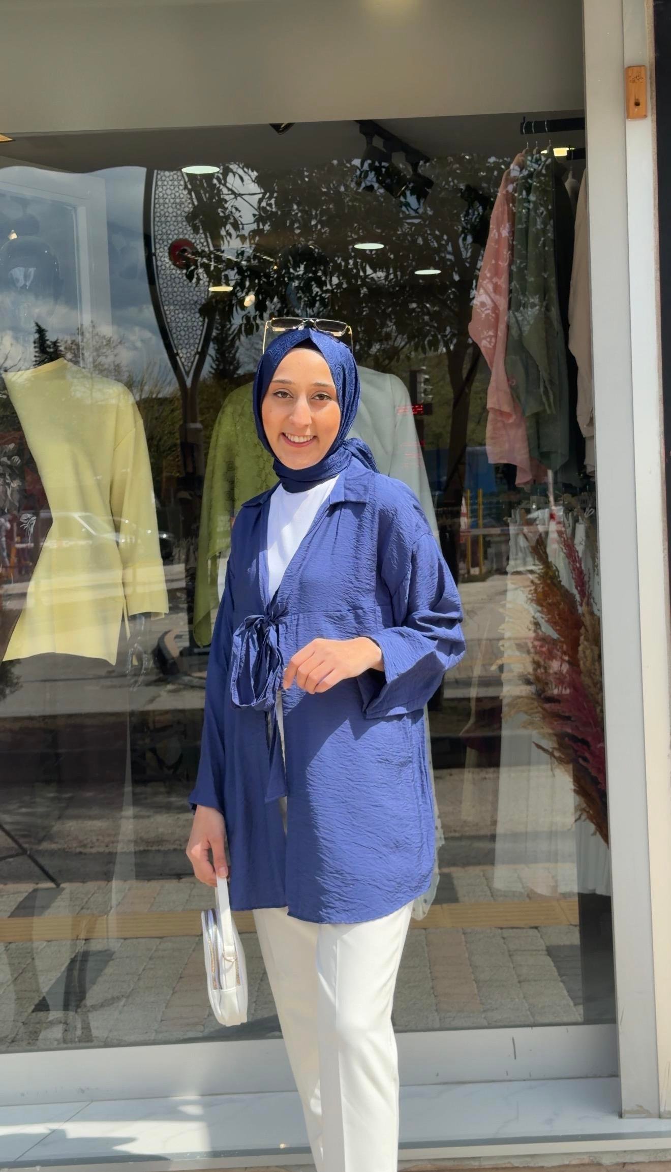 GECE MAVİSİ  ÖNDEN BAĞLAMALI COTTON KUMAŞ KİMONA 