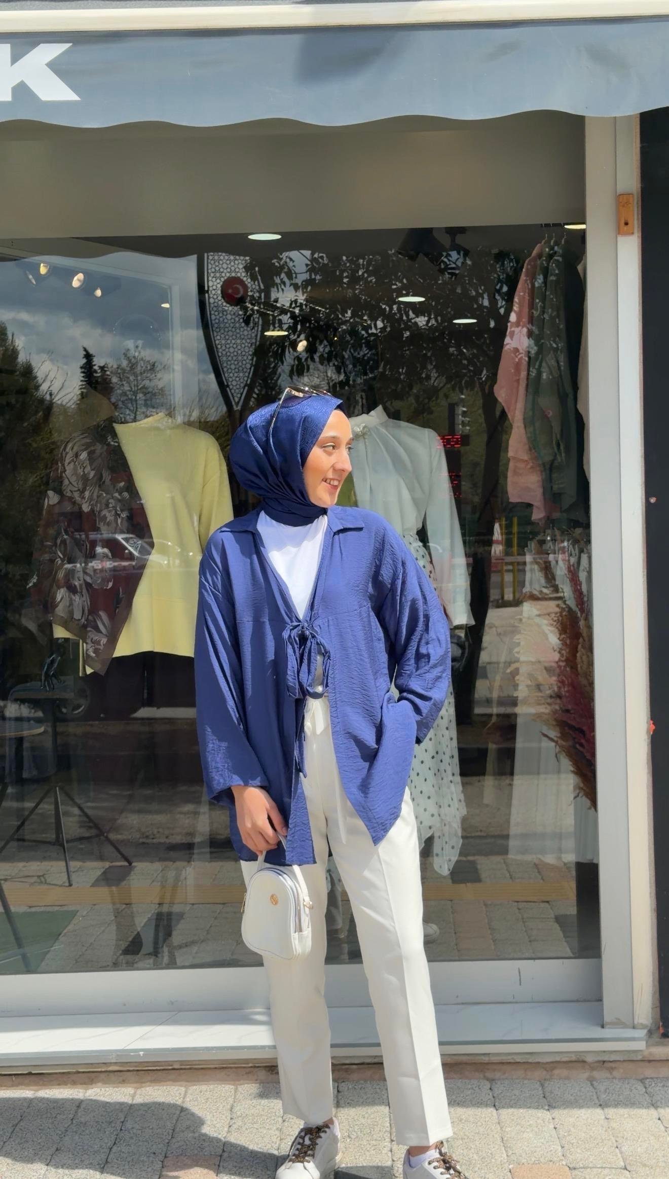 GECE MAVİSİ  ÖNDEN BAĞLAMALI COTTON KUMAŞ KİMONA 