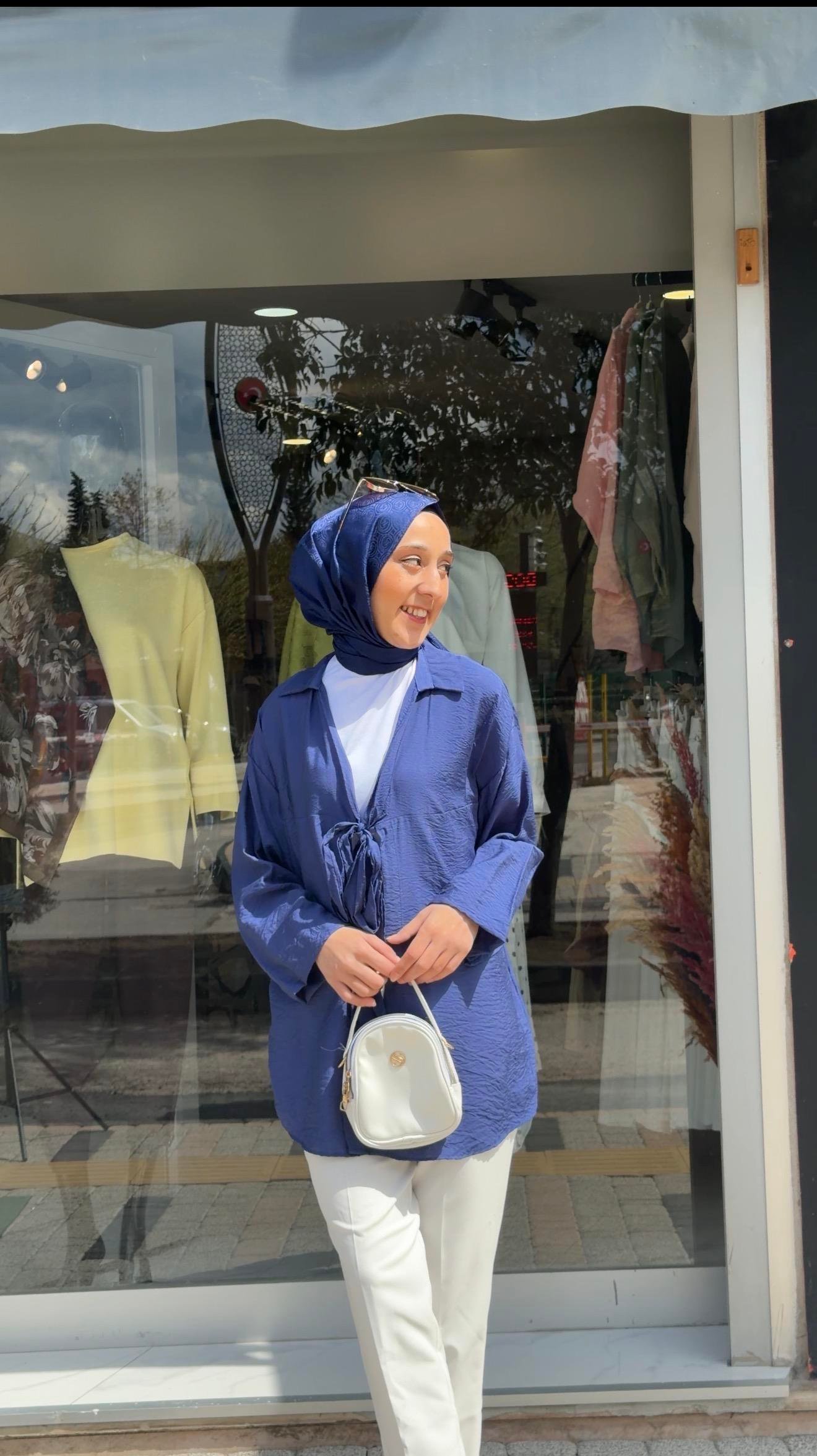 GECE MAVİSİ  ÖNDEN BAĞLAMALI COTTON KUMAŞ KİMONA 