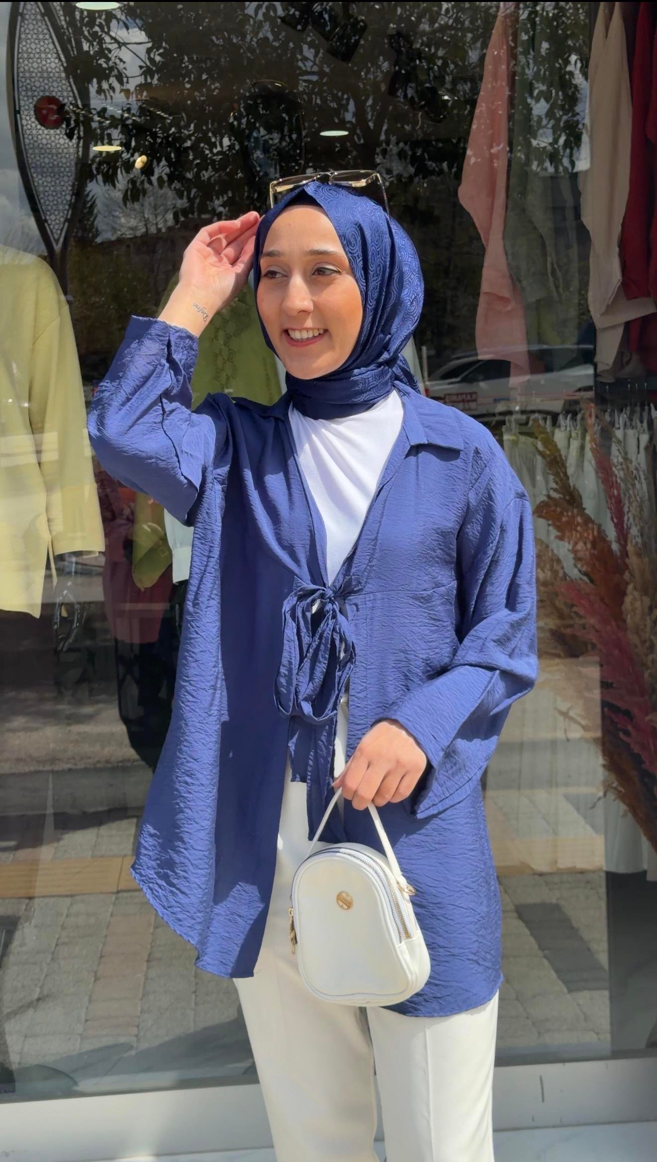 GECE MAVİSİ  ÖNDEN BAĞLAMALI COTTON KUMAŞ KİMONA 