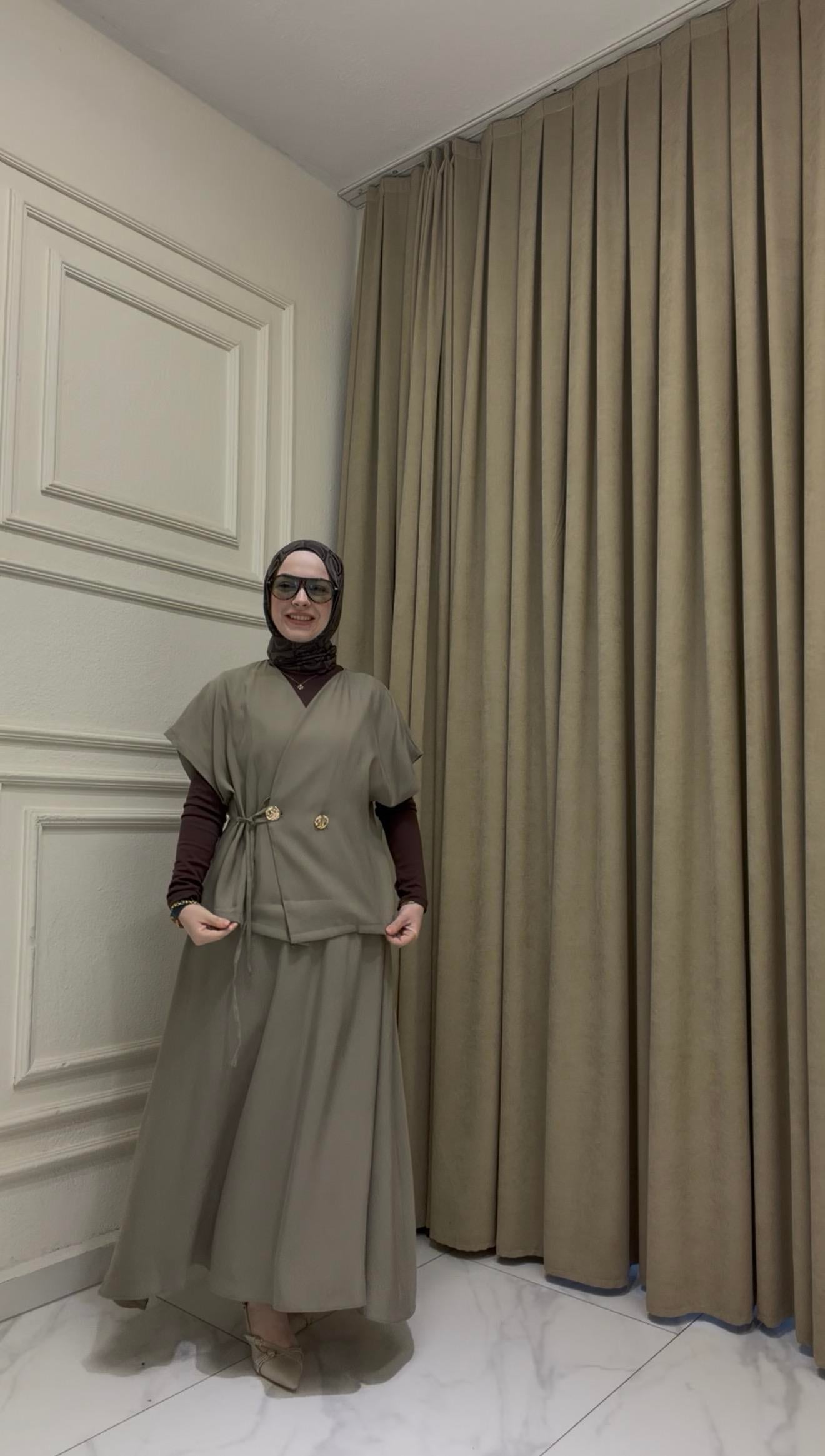 MİT YEŞİLİ CUPRA DÖKÜMLÜ KUMAŞ ETEKLİ TAKIM 