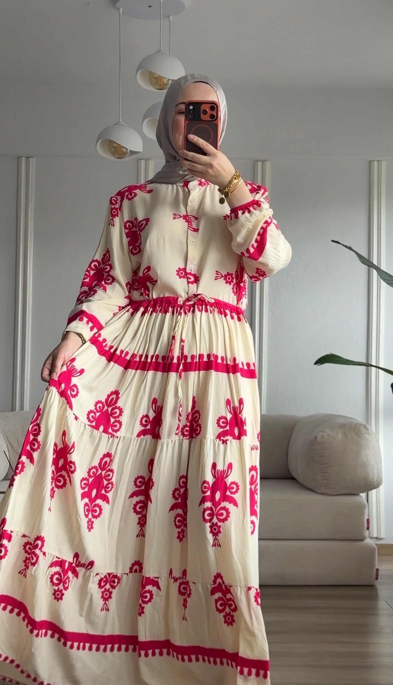 PEMBE ETLİK DESEN ELBİSE
