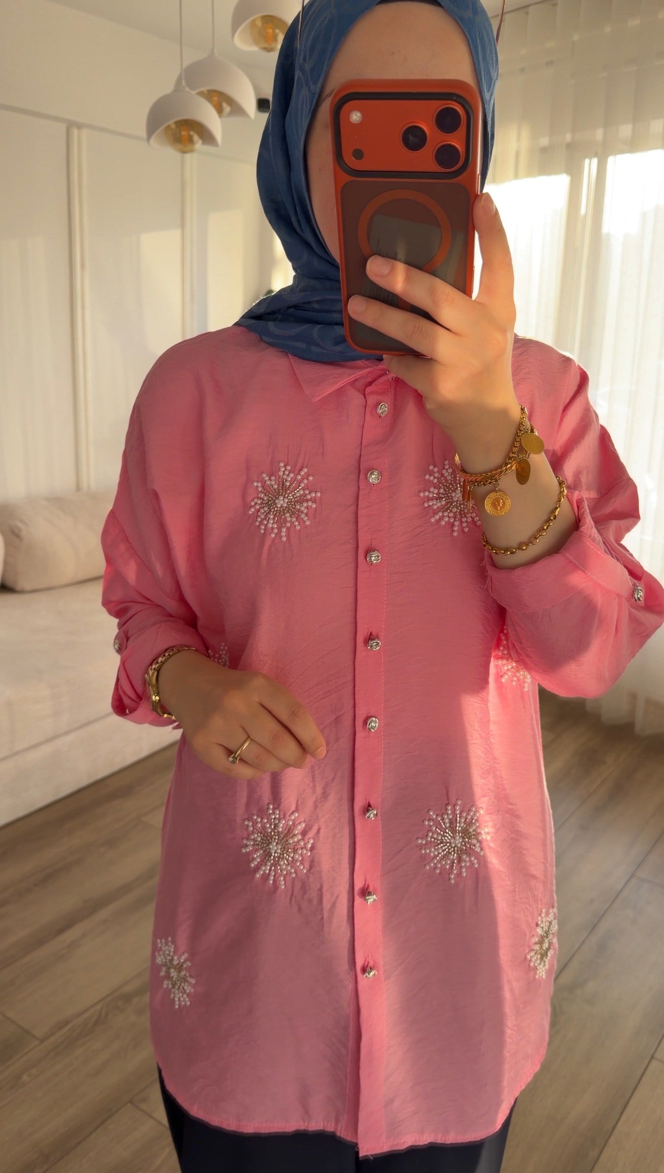 PEMBE  İNCİ İŞLEMELİ COTTON  GÖMLEK 