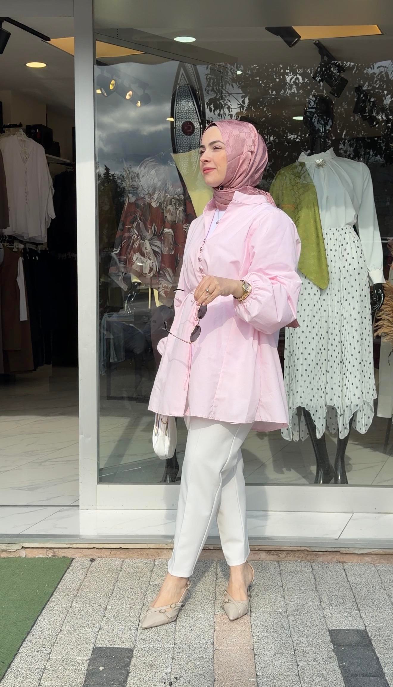 PEMBE  RENK POPLİN KUMAŞ PRENSES MODEL GÖMLEK 