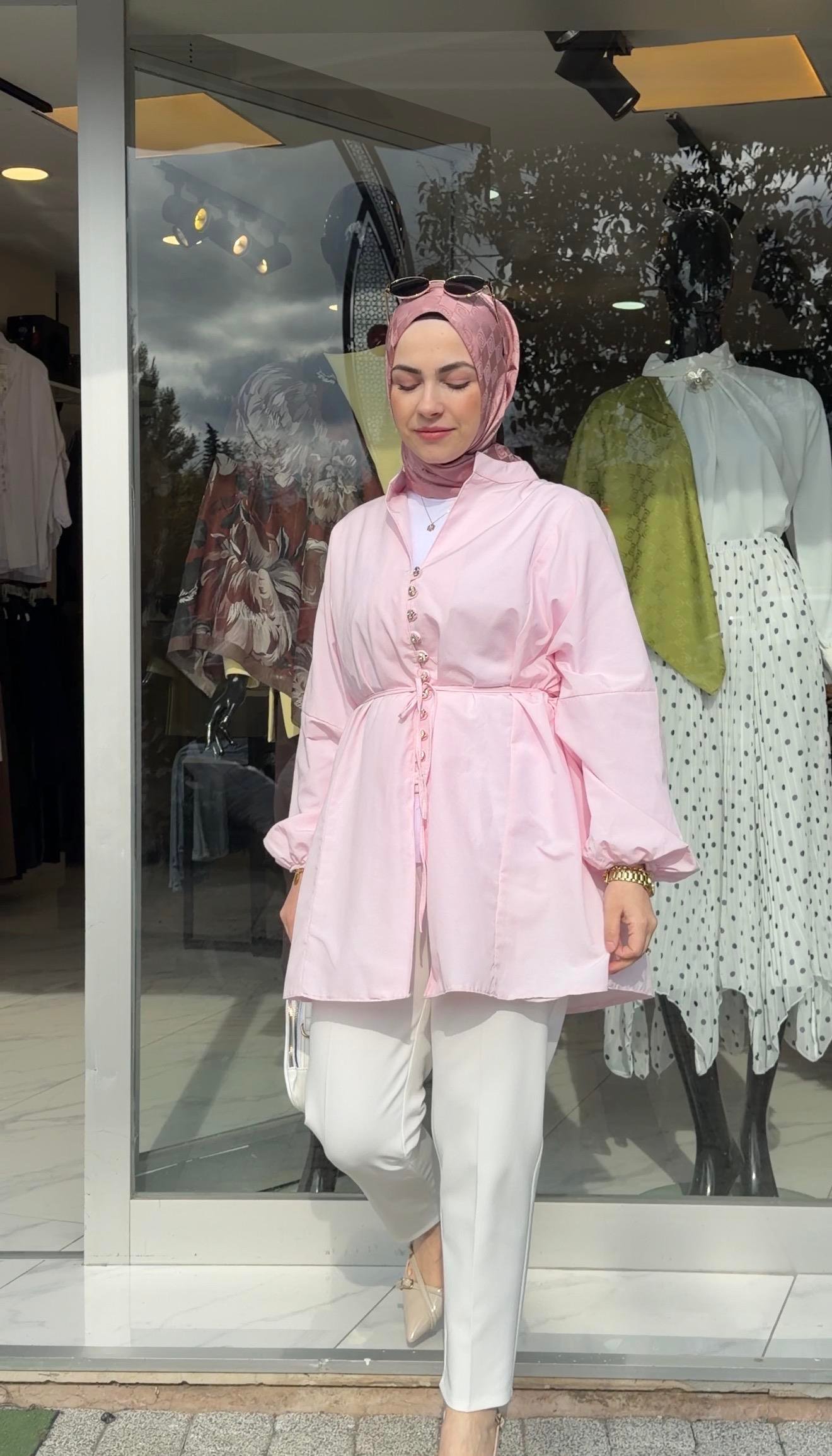 PEMBE  RENK POPLİN KUMAŞ PRENSES MODEL GÖMLEK 