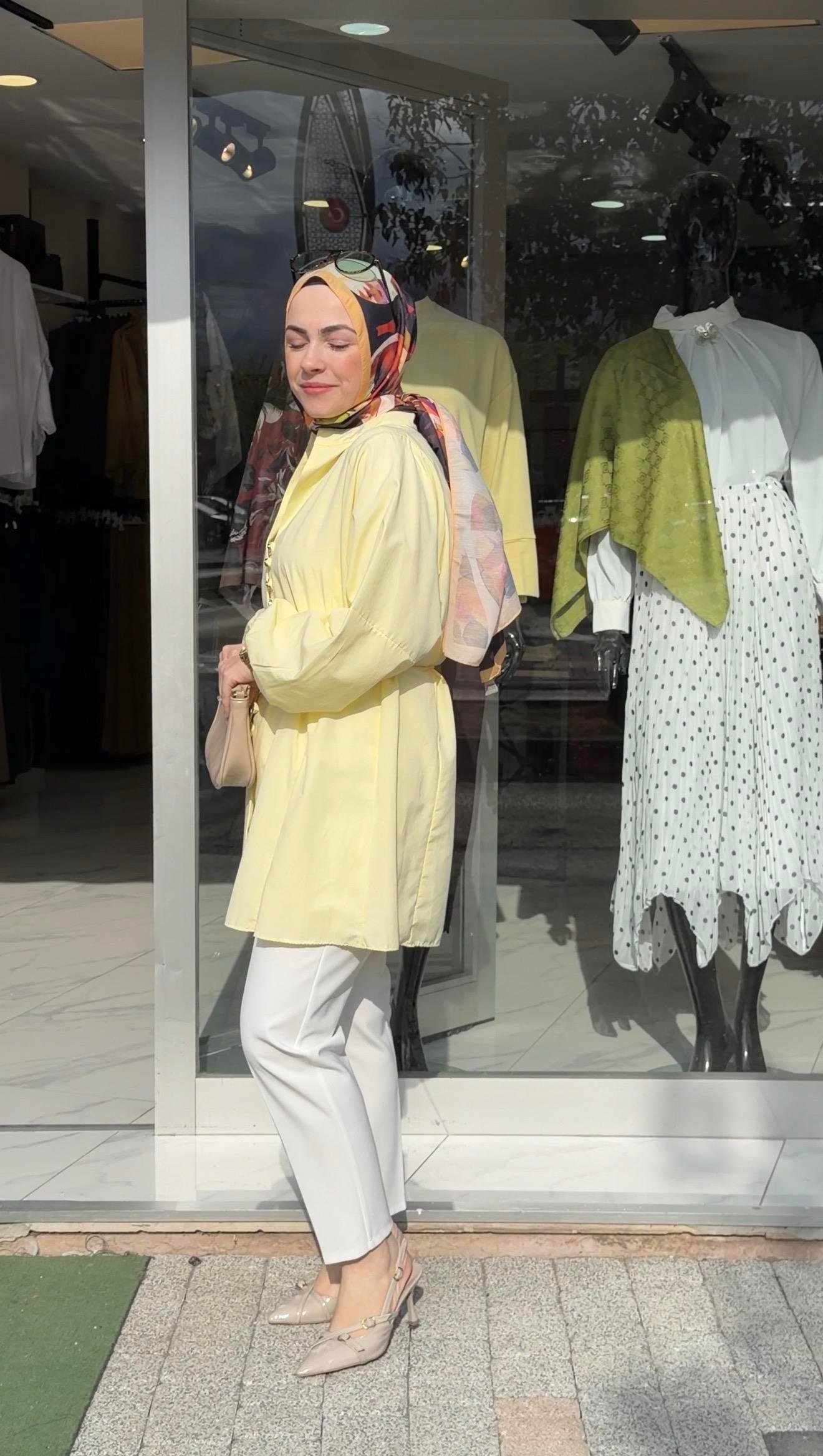 SARI RENK POPLİN KUMAŞ PRENSES MODEL GÖMLEK 