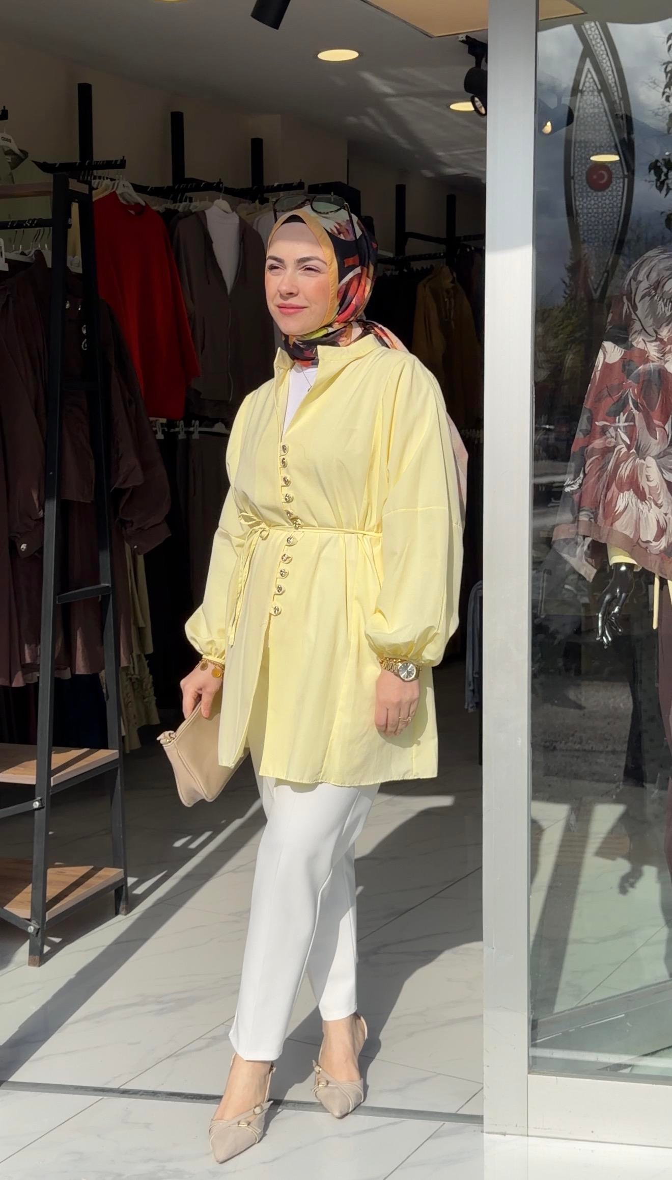 SARI RENK POPLİN KUMAŞ PRENSES MODEL GÖMLEK 