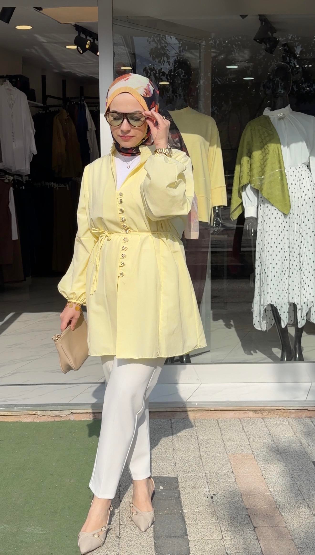 SARI RENK POPLİN KUMAŞ PRENSES MODEL GÖMLEK 