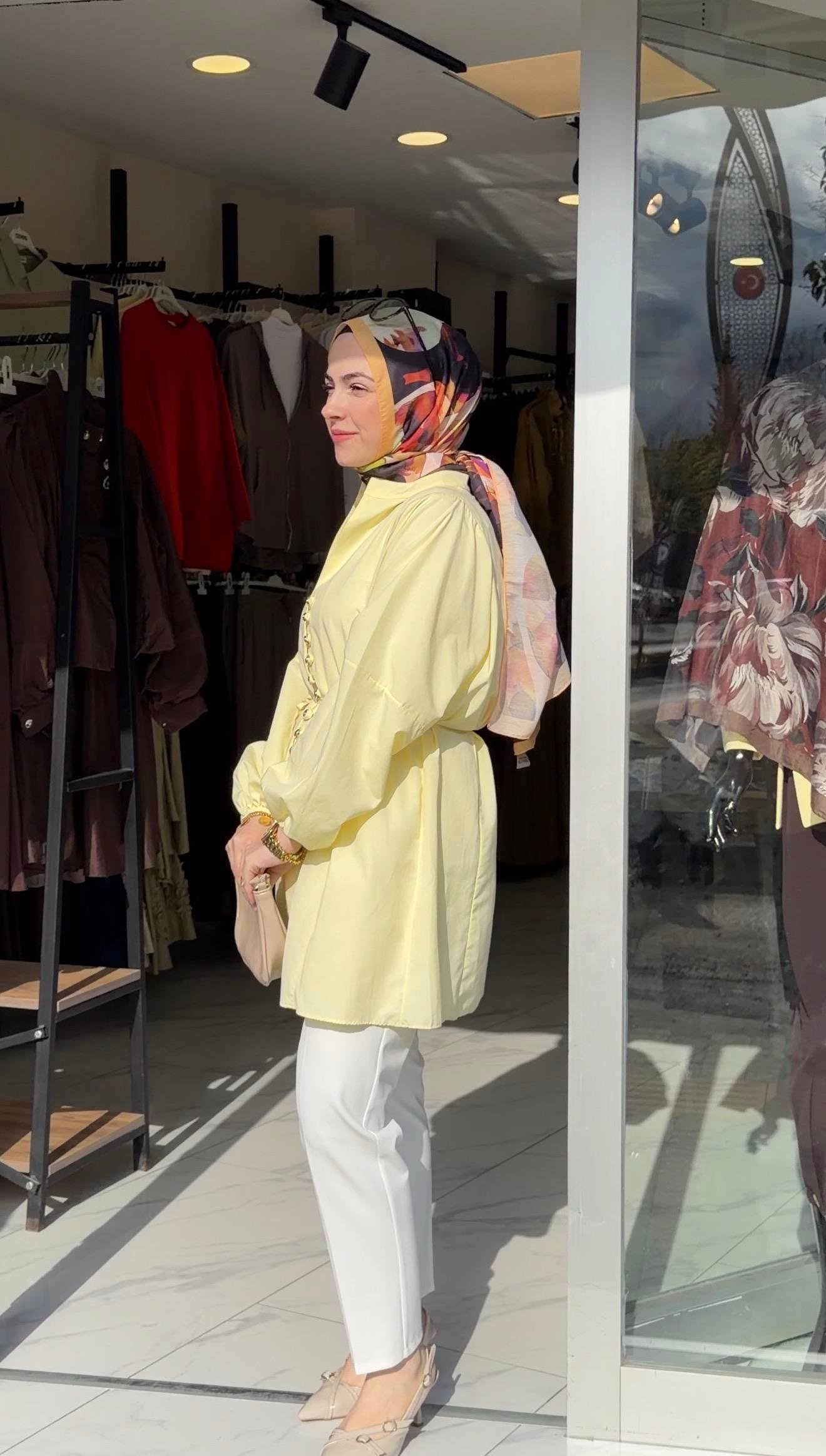SARI RENK POPLİN KUMAŞ PRENSES MODEL GÖMLEK 