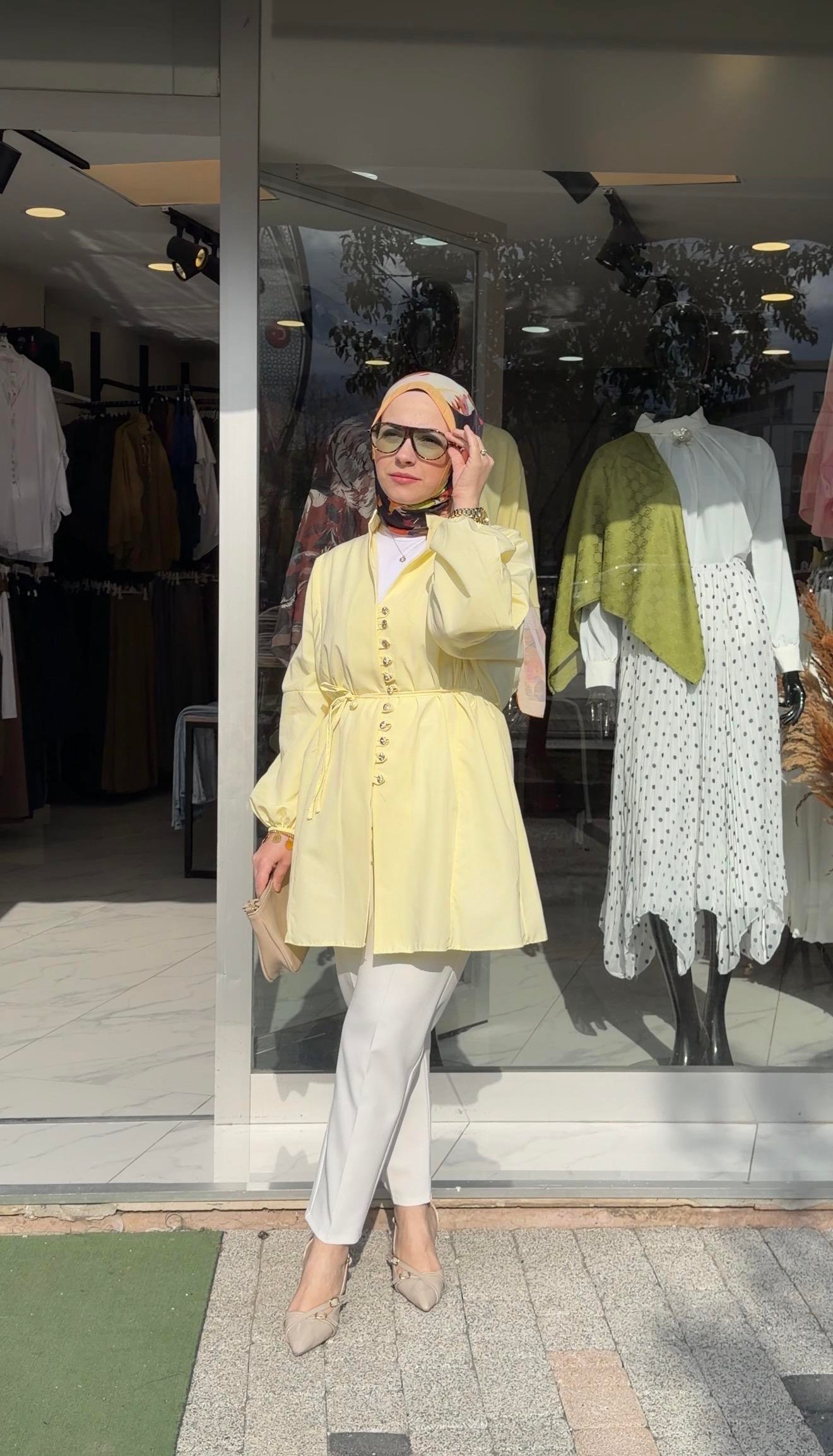 SARI RENK POPLİN KUMAŞ PRENSES MODEL GÖMLEK 