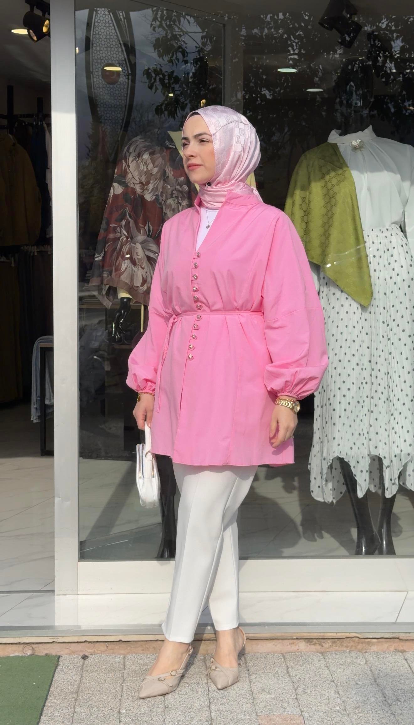 ŞEKER PEMBESİ  POPLİN KUMAŞ PRENSES MODEL GÖMLEK 