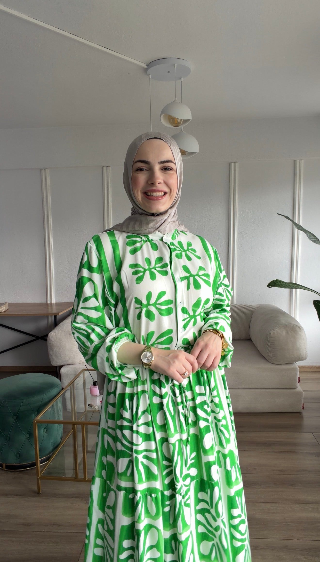 YEŞİL ETLİK DESEN ELBİSE
