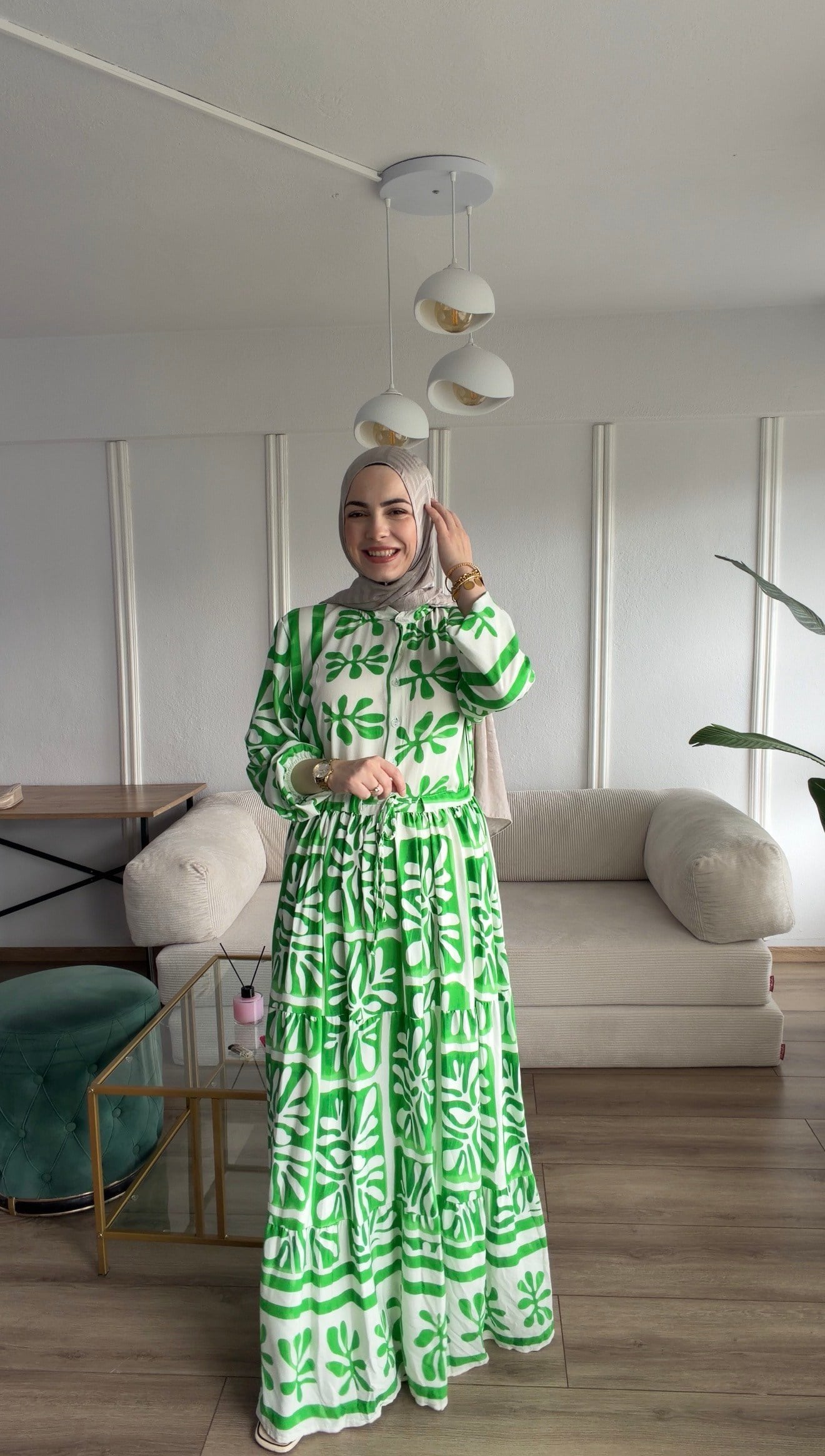 YEŞİL ETLİK DESEN ELBİSE