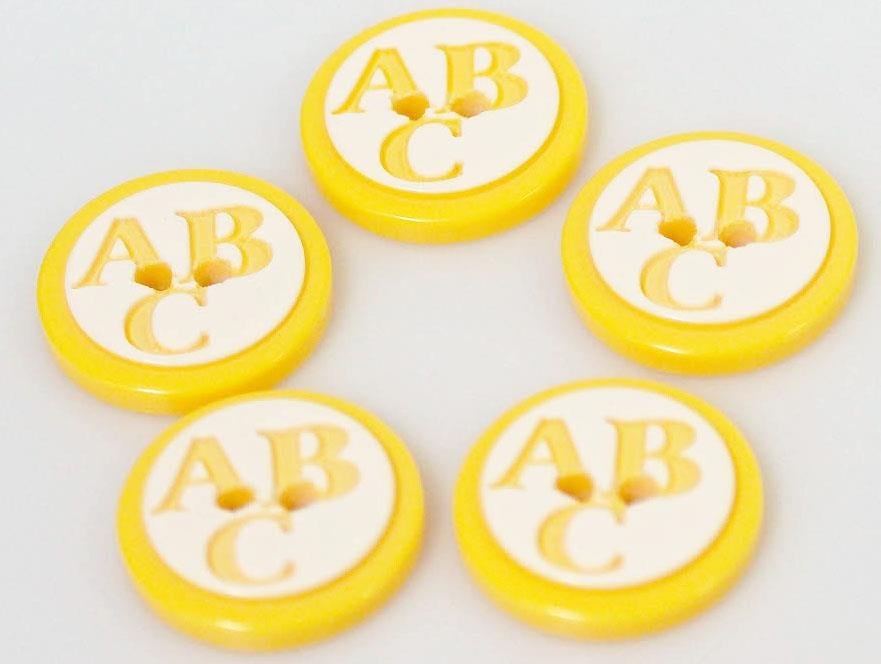 5 ABC Figure Buttons Yellow 15 mm diameter
