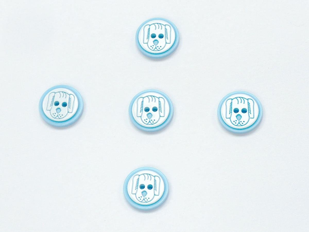5 Dog Face Figure Buttons Blue, White 15mm long