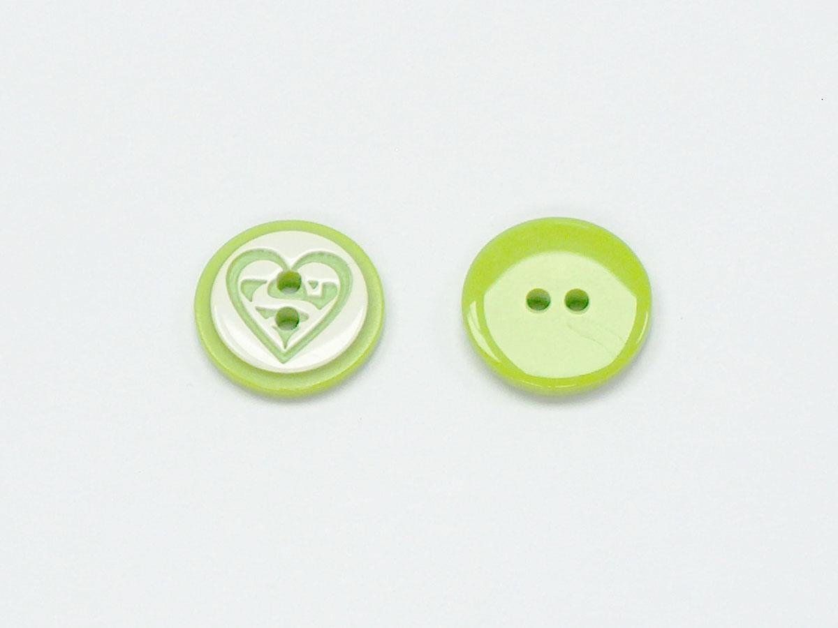5 Heart Figure Buttons Green, White 15mm long