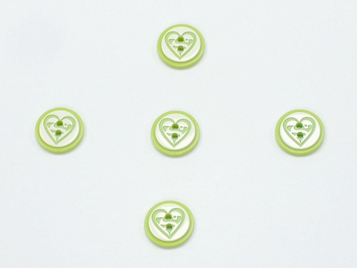 5 Heart Figure Buttons Green, White 15mm long