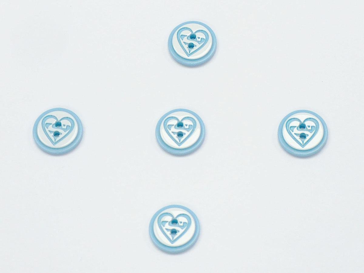 5 Heart Figure Buttons Light Blue, White 15mm long