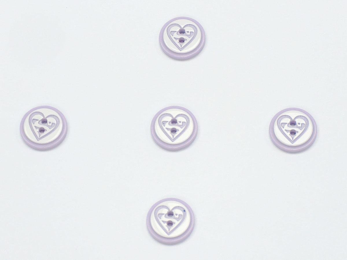 5 Heart Figure Buttons Light Lilac, White 15mm long
