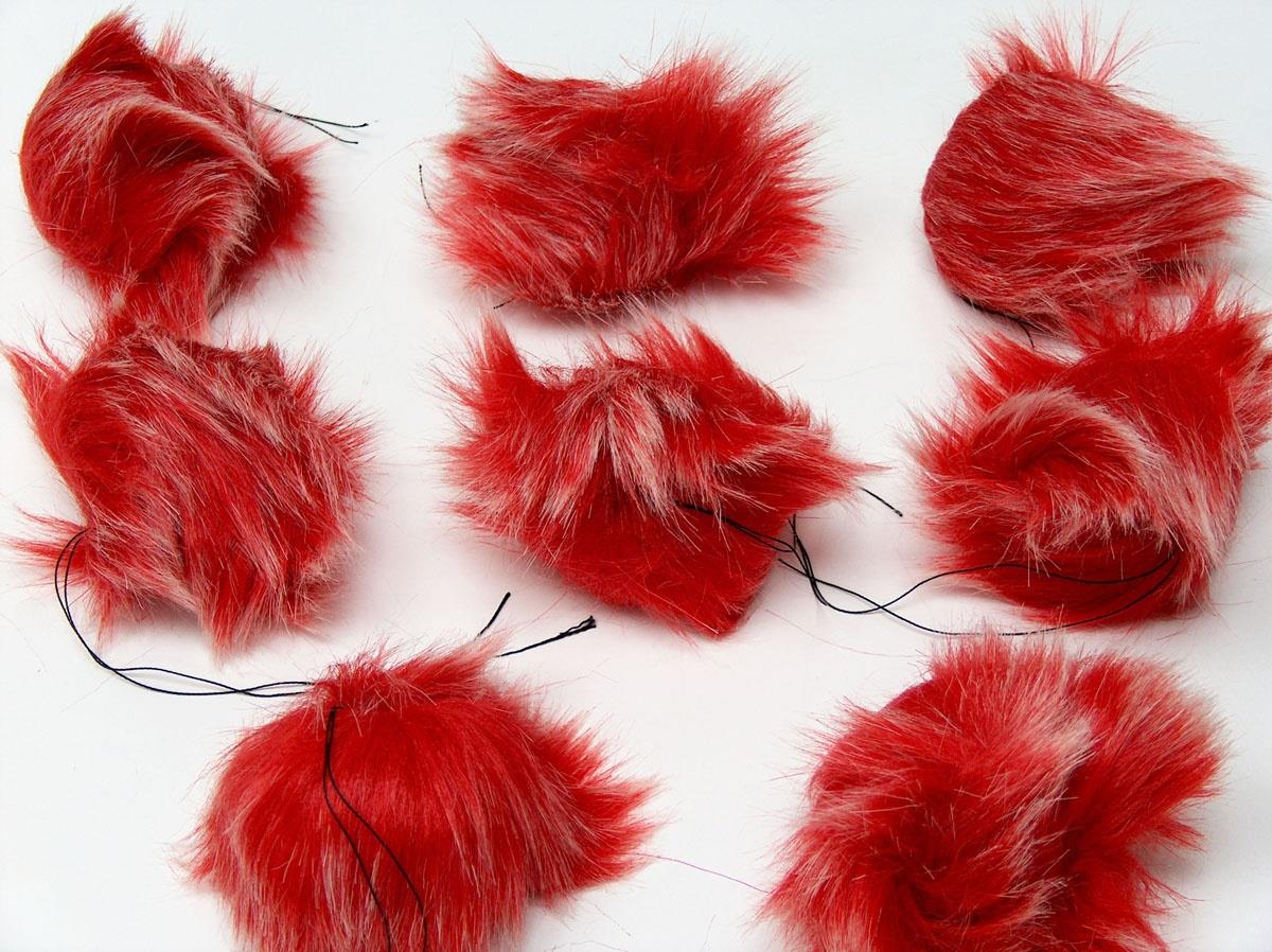 8 Faux Fur PomPoms Red, White