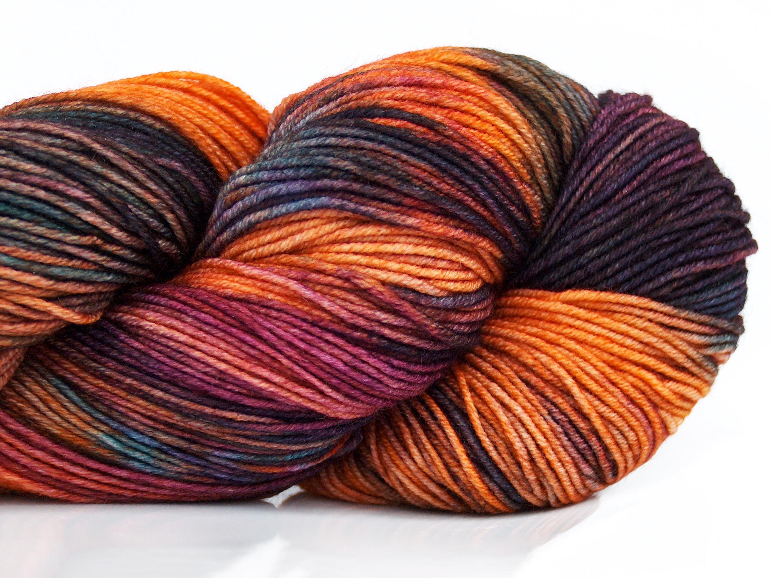 Hand Dyed Sock Merino Orange, Maroon, Fuchsia, Teal