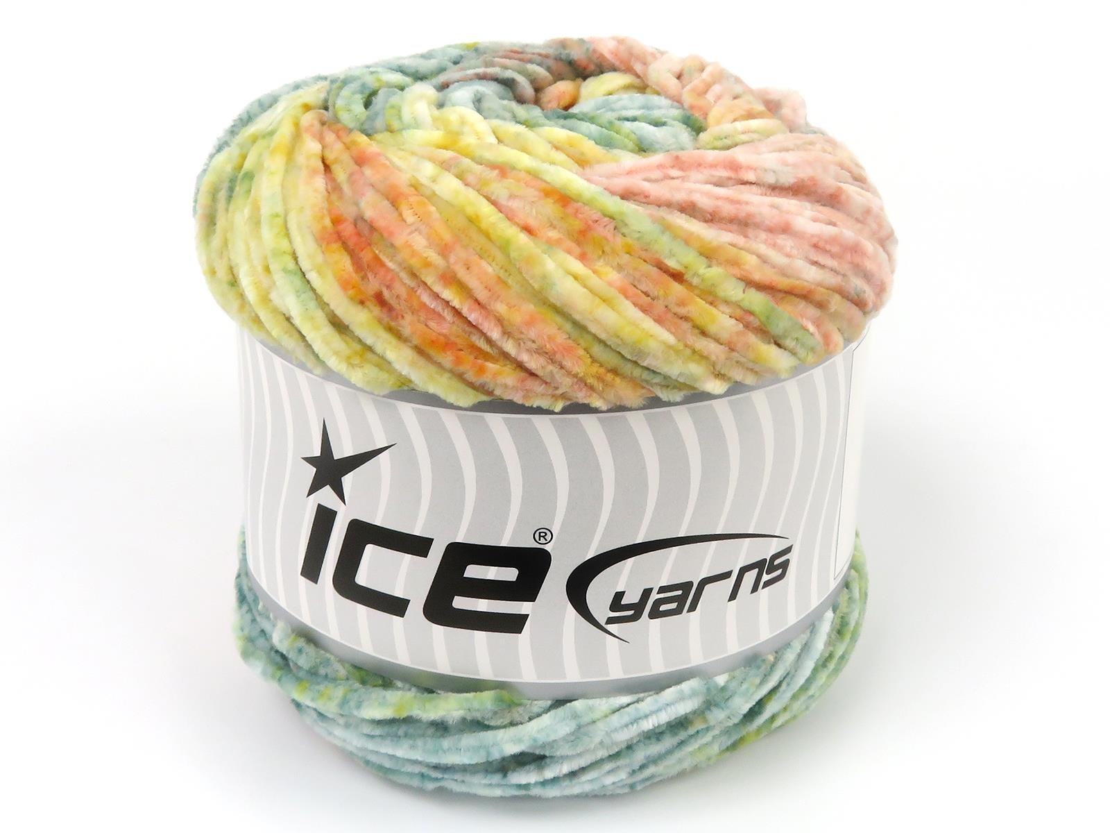 Lot of 2 x 150gr Skeins Ice Yarns CHENILLE SPLASH (100% MicroFiber) Yarn Green Shades Salmon Shades Yellow Shades