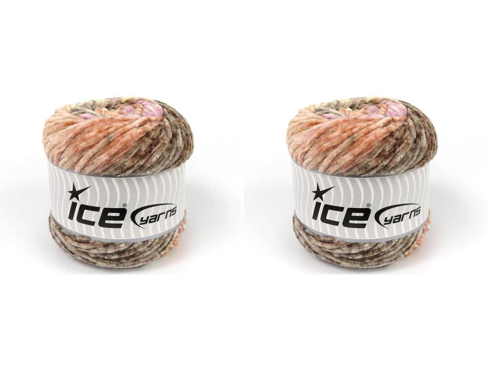 Lot of 2 x 150gr Skeins Ice Yarns CHENILLE SPLASH (100% MicroFiber) Yarn Salmon Shades Brown Shades Lilac Shades