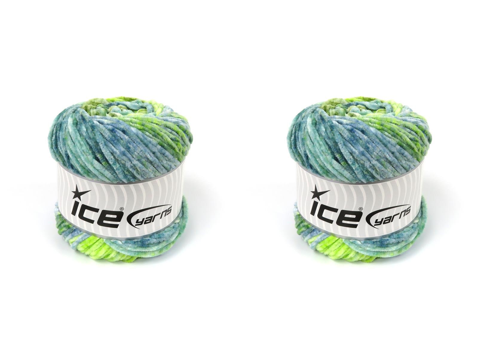 Lot of 2 x 150gr Skeins Ice Yarns CHENILLE SPLASH (100% MicroFiber) Yarn Blue Shades Green Shades
