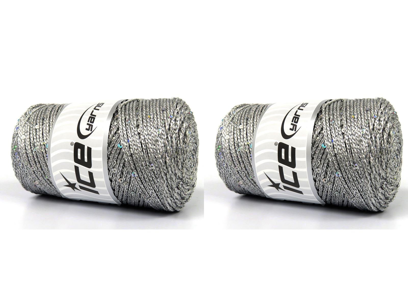 Lot of 2 x 200gr Skeins Ice Yarns MACRAME GLITZ PAILLETTE (10% Paillette) Yarn Silver Grey