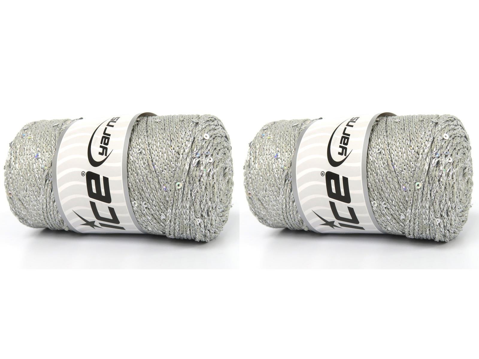 Lot of 2 x 200gr Skeins Ice Yarns MACRAME GLITZ PAILLETTE (10% Paillette) Yarn Light Silver