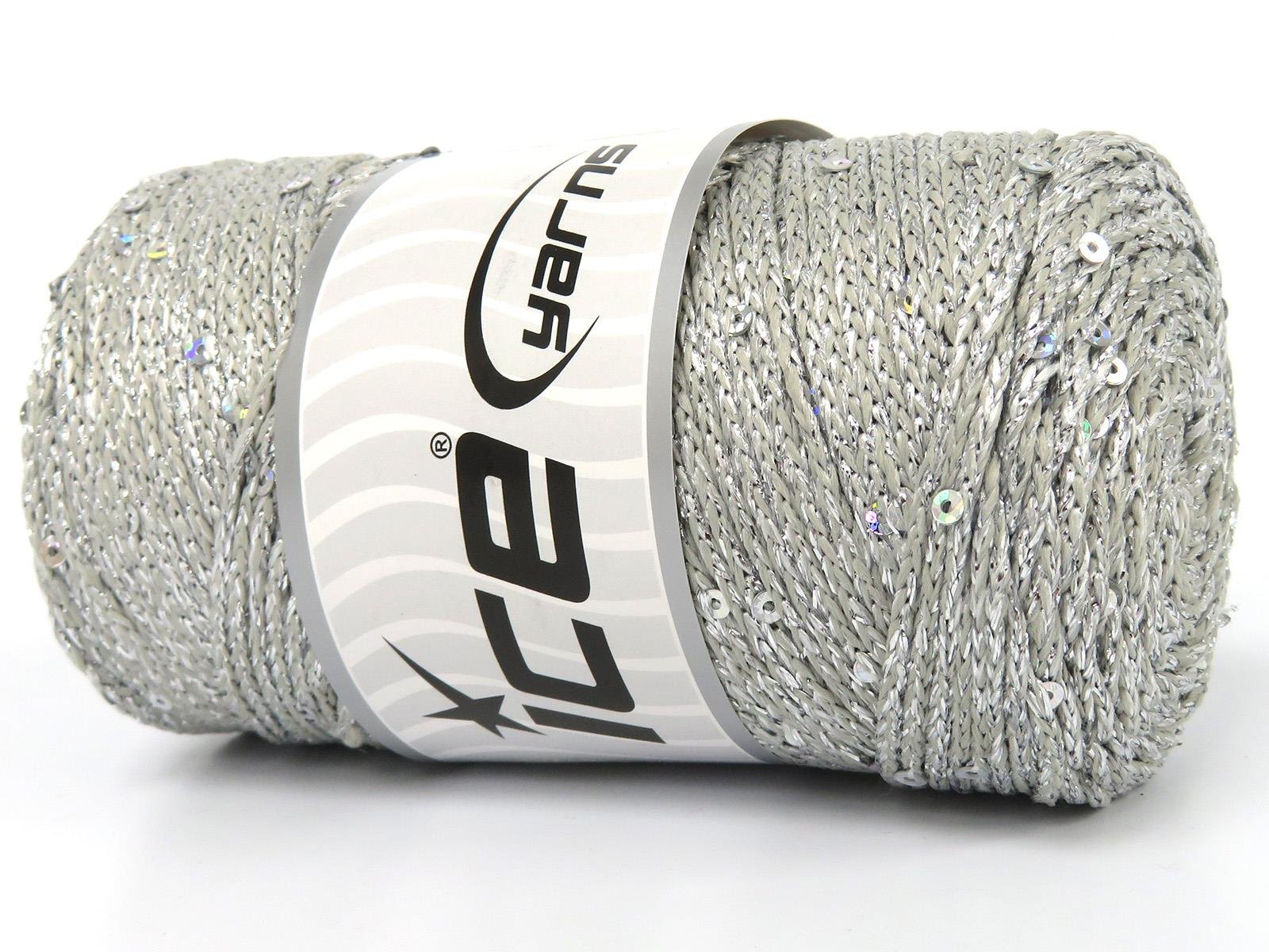 Lot of 2 x 200gr Skeins Ice Yarns MACRAME GLITZ PAILLETTE (10% Paillette) Yarn Light Silver