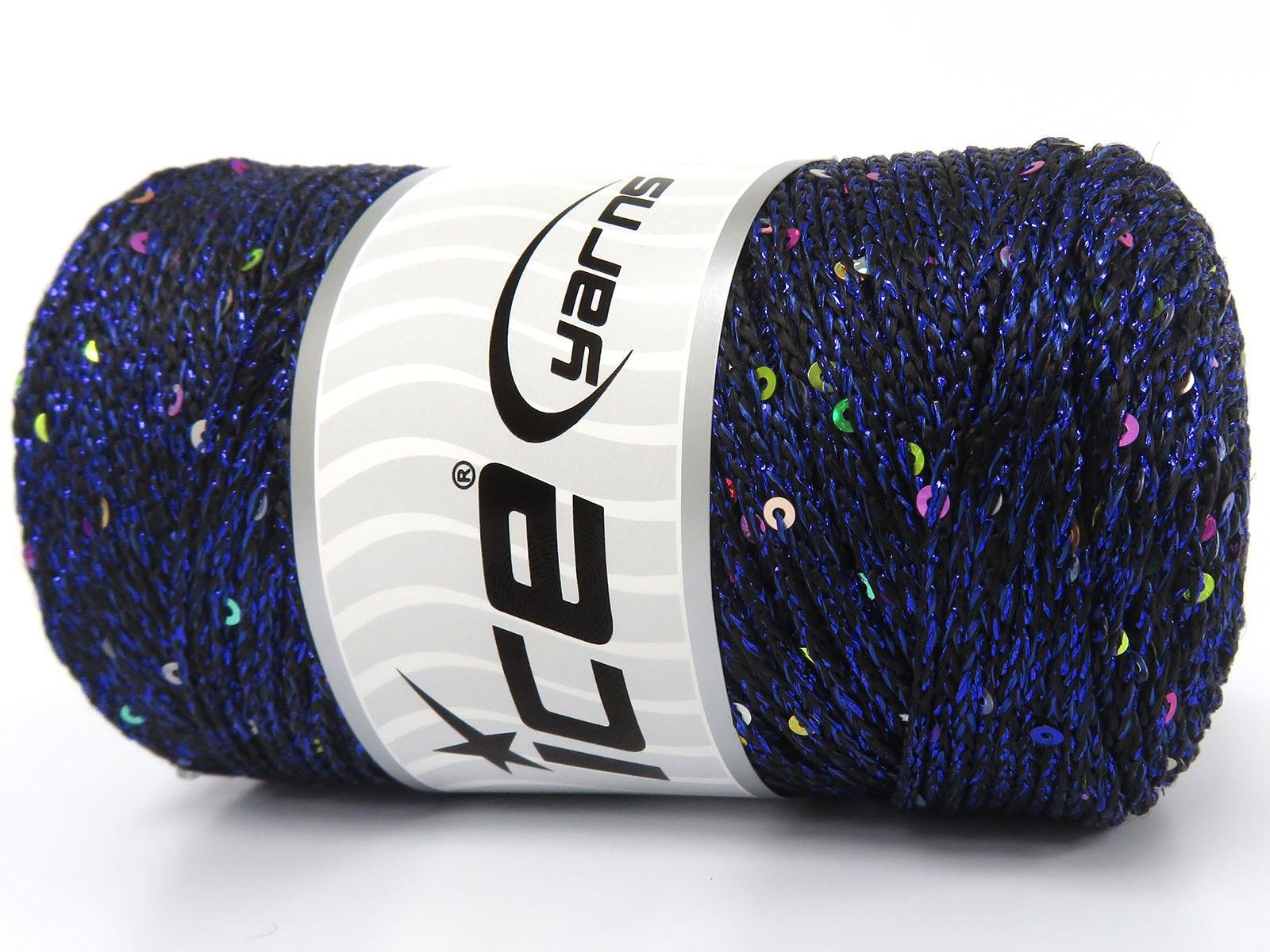 Lot of 2 x 200gr Skeins Ice Yarns MACRAME GLITZ PAILLETTE (10% Paillette) Yarn Black Blue