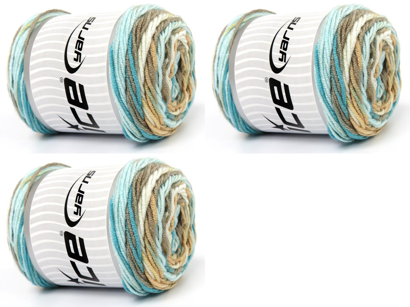 Lot of 3 x 100gr Skeins Ice Yarns BABY DREAM BATIK Yarn Camel Shades Turquoise Shades White