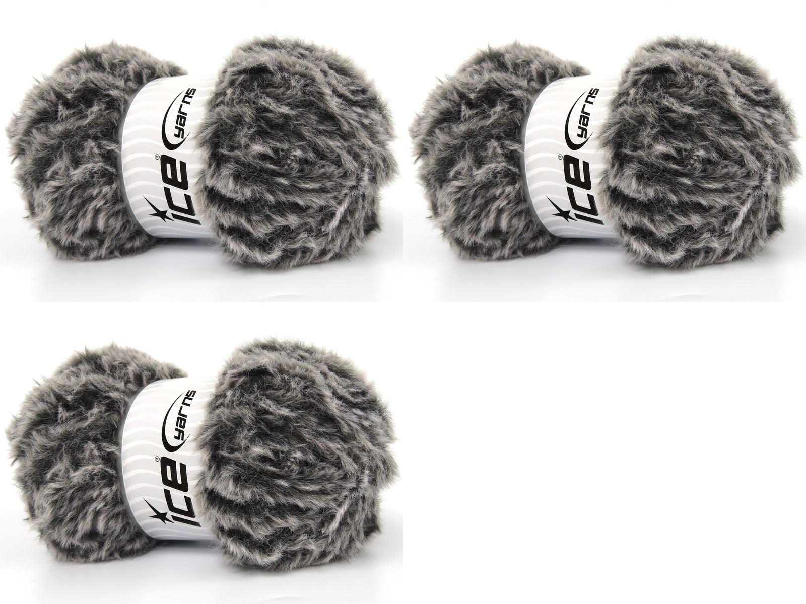 Lot of 3 x 100gr Skeins Ice Yarns BUNNY FUR Hand Knitting Yarn Dark Grey White
