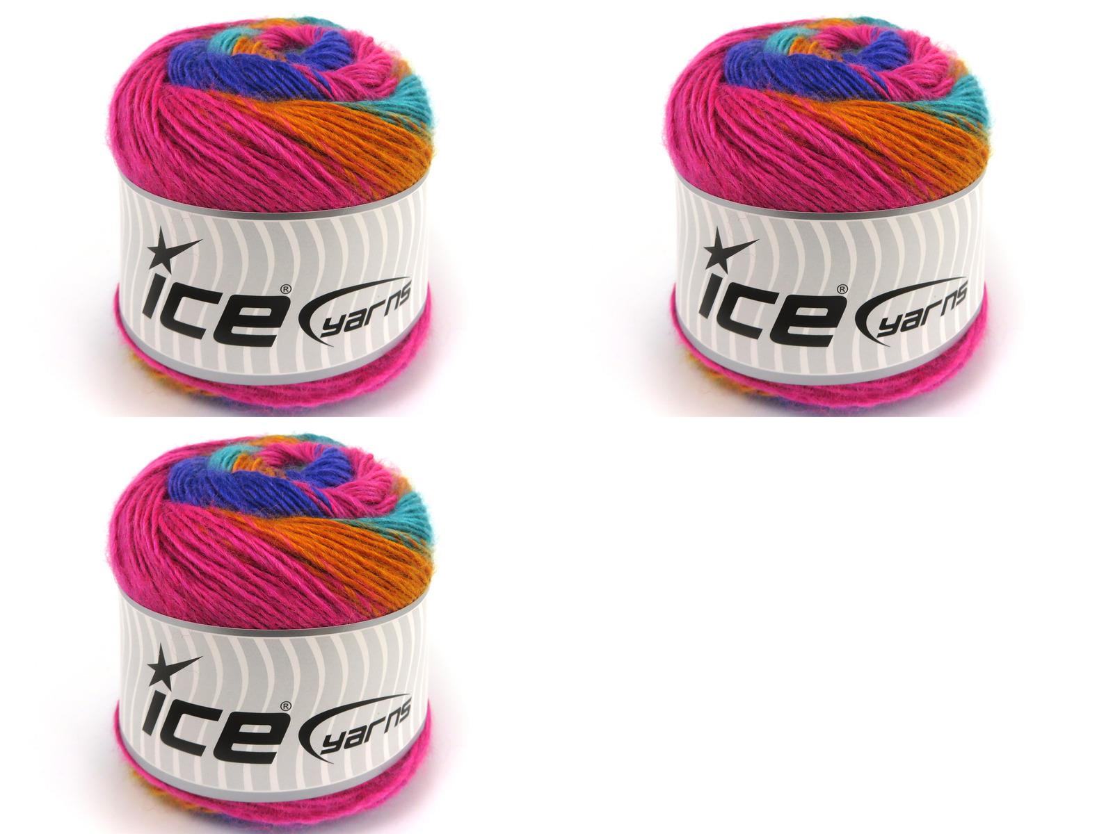Lot of 3 x 100gr Skeins Ice Yarns CAKES NAPOLITANO Yarn Purple Fuchsia Green Gold