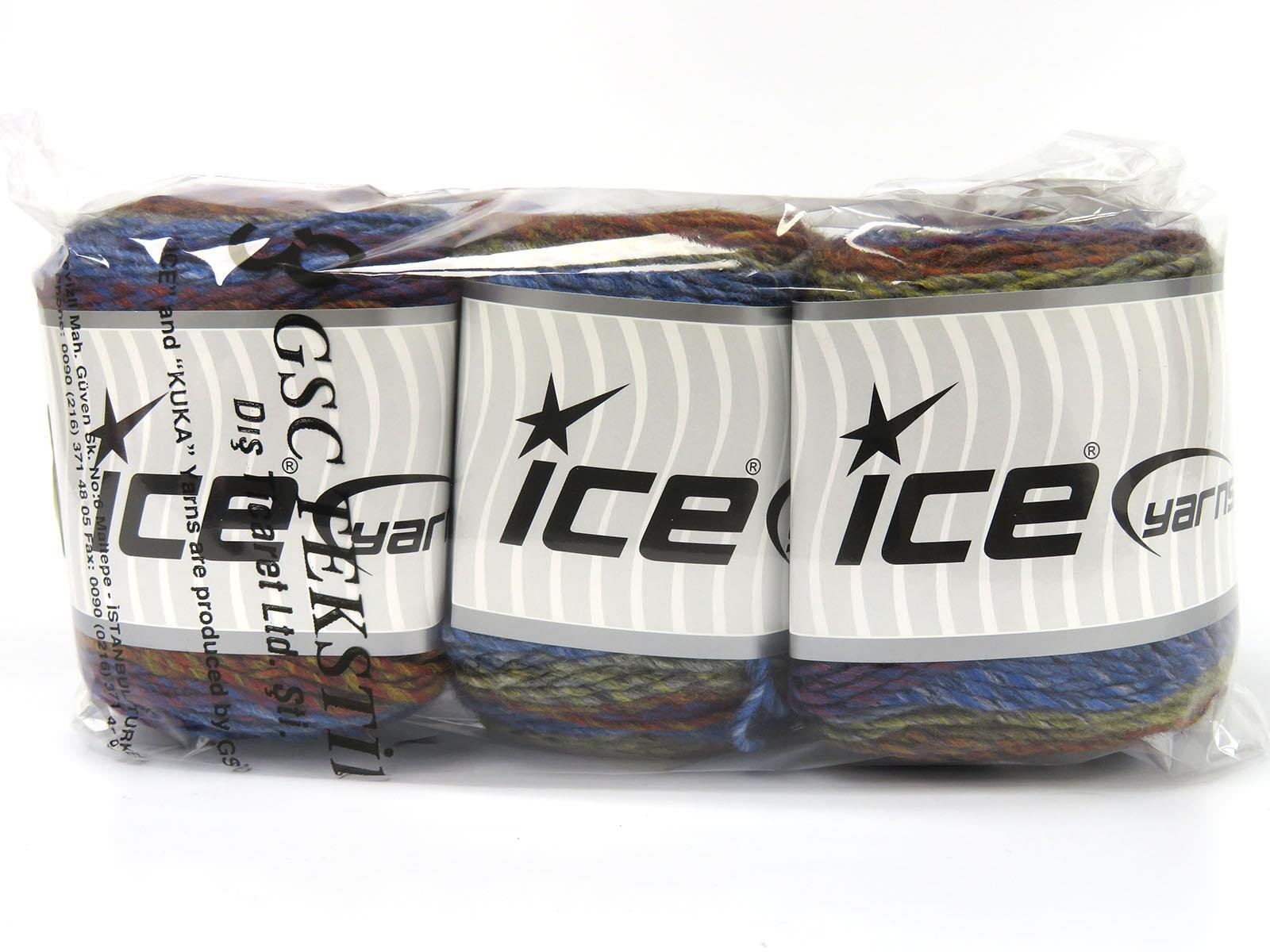 Lot of 3 x 100gr Skeins Ice Yarns CAKES MELANGE (15% Wool) Yarn Gold Blue Shades Green Red Grey