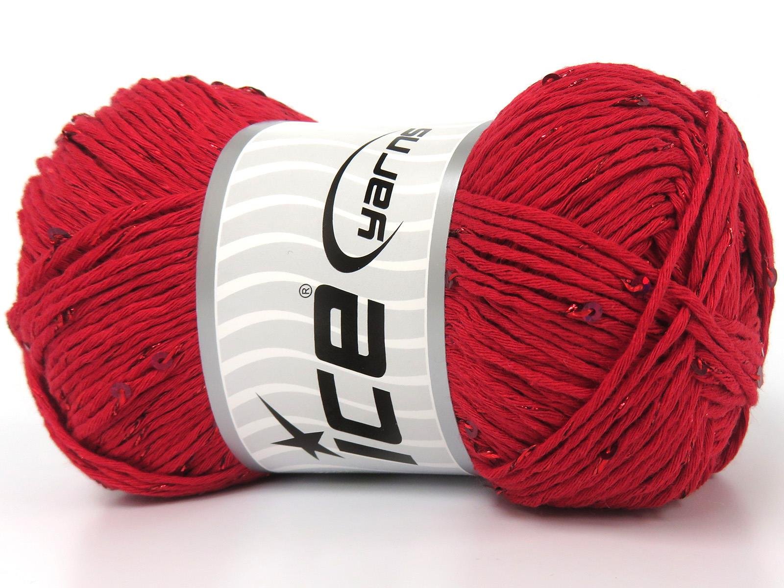 Lot of 3 x 100gr Skeins Ice Yarns NATURAL COTTON PAILLETTE (85%Cotton 5% Paillette) Yarn Red