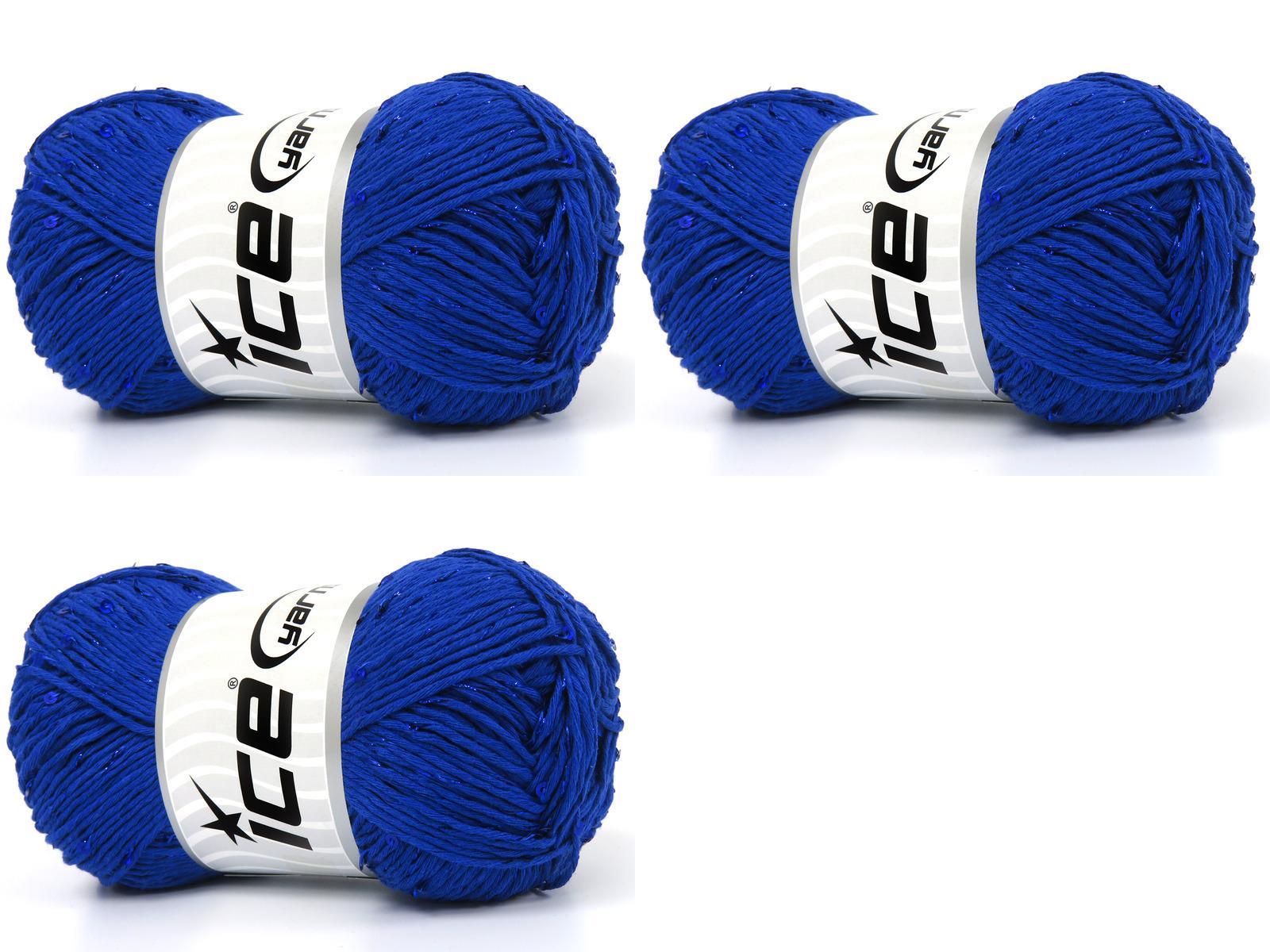 Lot of 3 x 100gr Skeins Ice Yarns NATURAL COTTON PAILLETTE (85%Cotton 5% Paillette) Yarn Blue