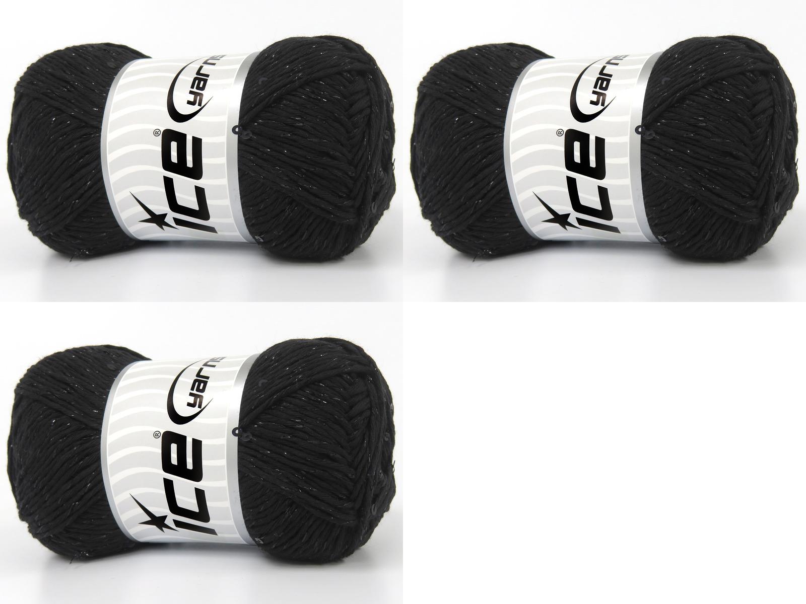 Lot of 3 x 100gr Skeins Ice Yarns NATURAL COTTON PAILLETTE (85%Cotton 5% Paillette) Yarn Black