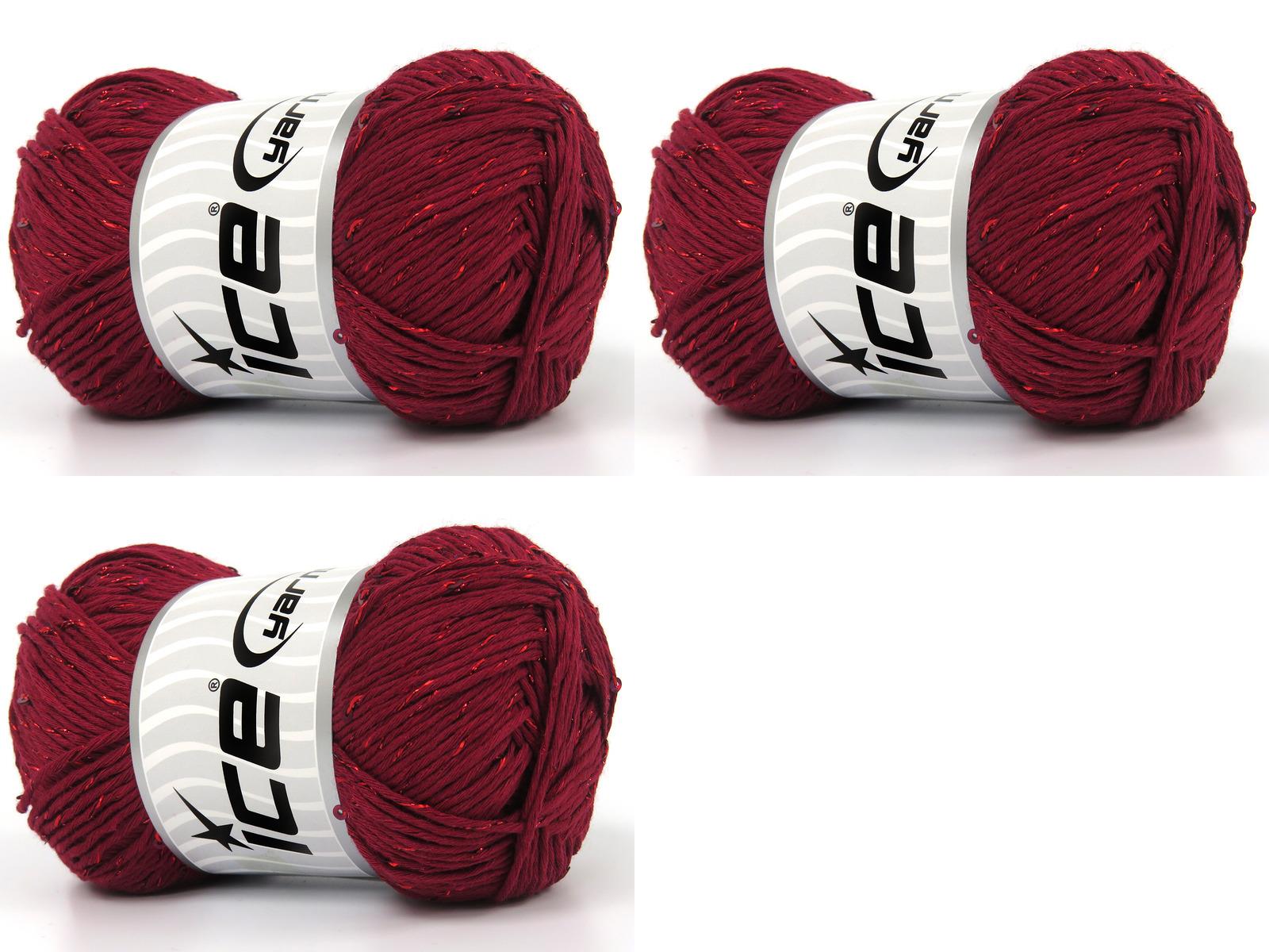Lot of 3 x 100gr Skeins Ice Yarns NATURAL COTTON PAILLETTE (85%Cotton 5% Paillette) Yarn Burgundy