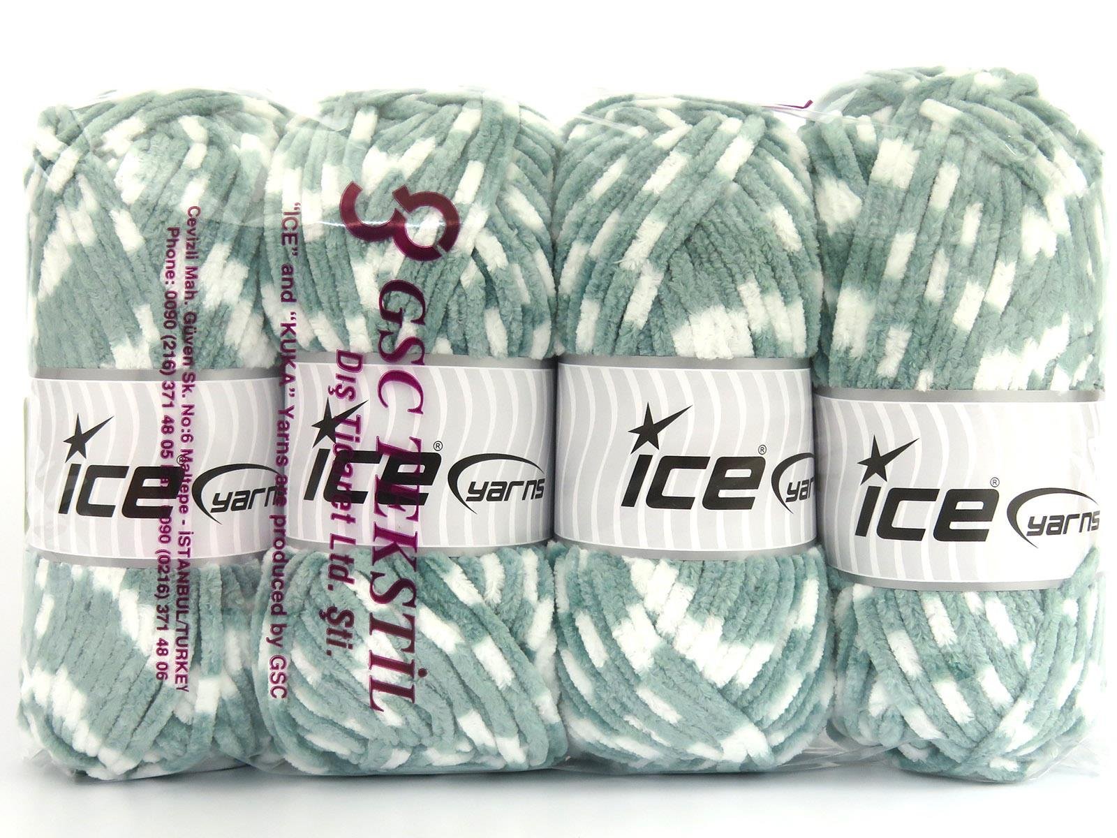 Lot of 4 x 100gr Skeins Ice Yarns CHENILLE BABY COLORS (100% MicroFiber) Yarn Green White