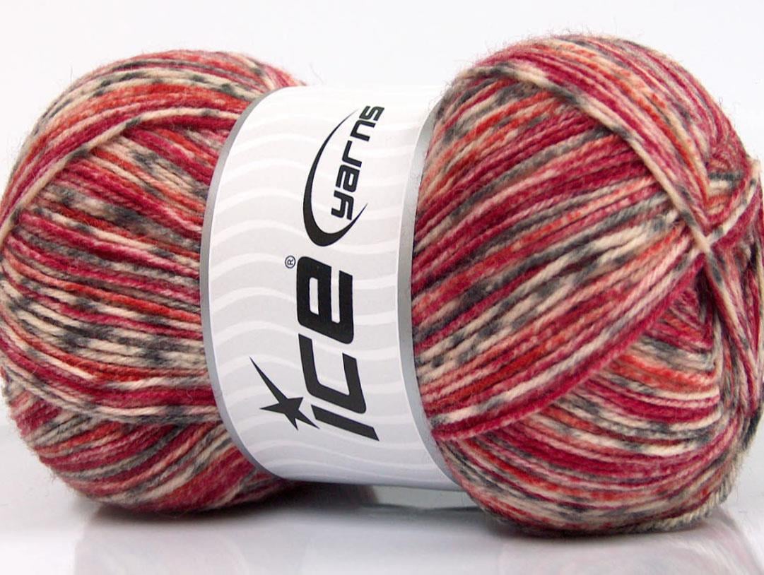 Lot of 4 x 100gr Skeins Ice Yarns PRINT SOCK (75% Superwash Wool) Yarn Red Orange Grey Cream