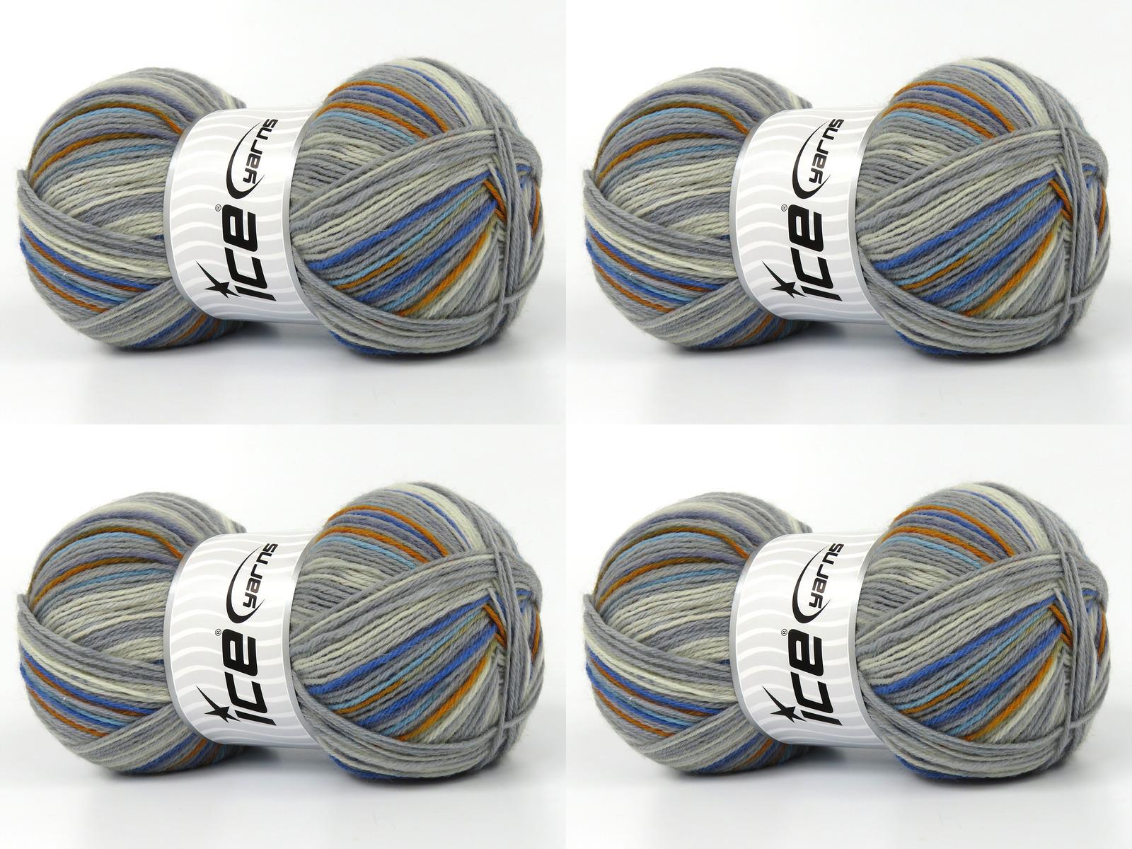Lot of 4 x 100gr Skeins Ice Yarns SOCK VARICOLOR (75% Superwash Wool) Yarn Grey Shades Blue Shades Gold