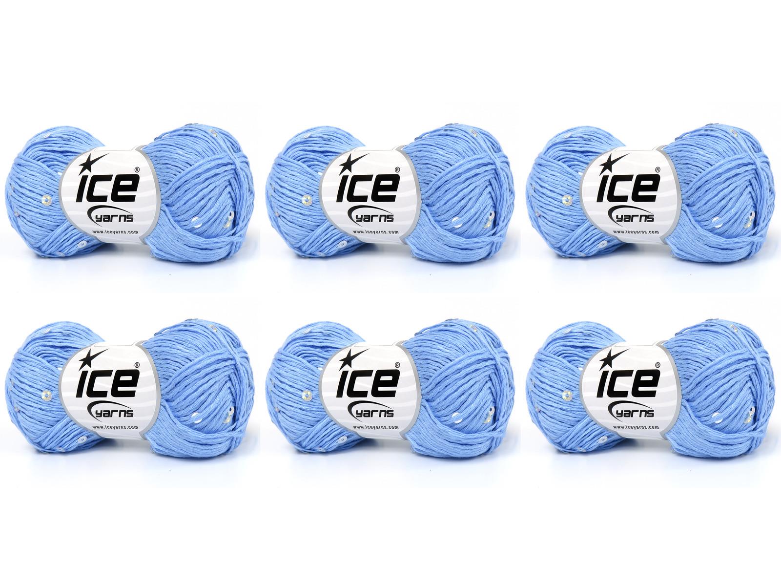 Lot of 6 Skeins Ice Yarns NATURAL COTTON LIGHT PAILLETTE (82% Cotton 18% Paillette) Yarn Light Blue
