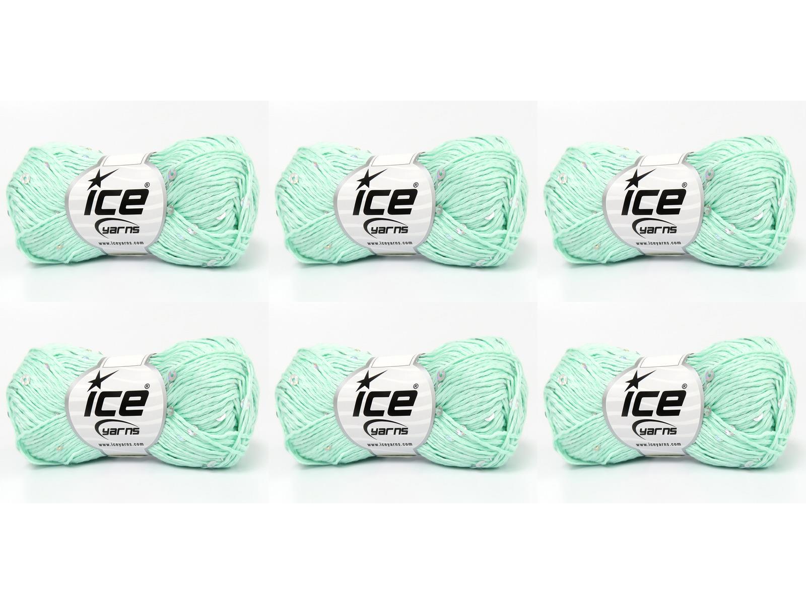 Lot of 6 Skeins Ice Yarns NATURAL COTTON LIGHT PAILLETTE (82% Cotton 18% Paillette) Yarn Mint Green