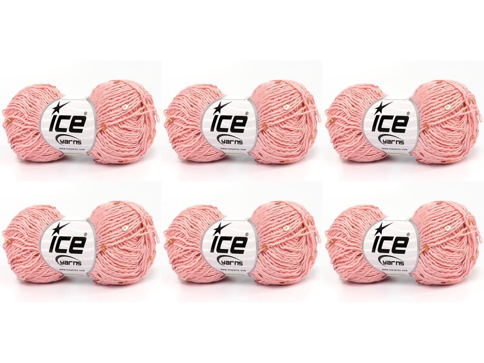 Lot of 6 Skeins Ice Yarns NATURAL COTTON LIGHT PAILLETTE (82% Cotton 18% Paillette) Yarn Light Pink