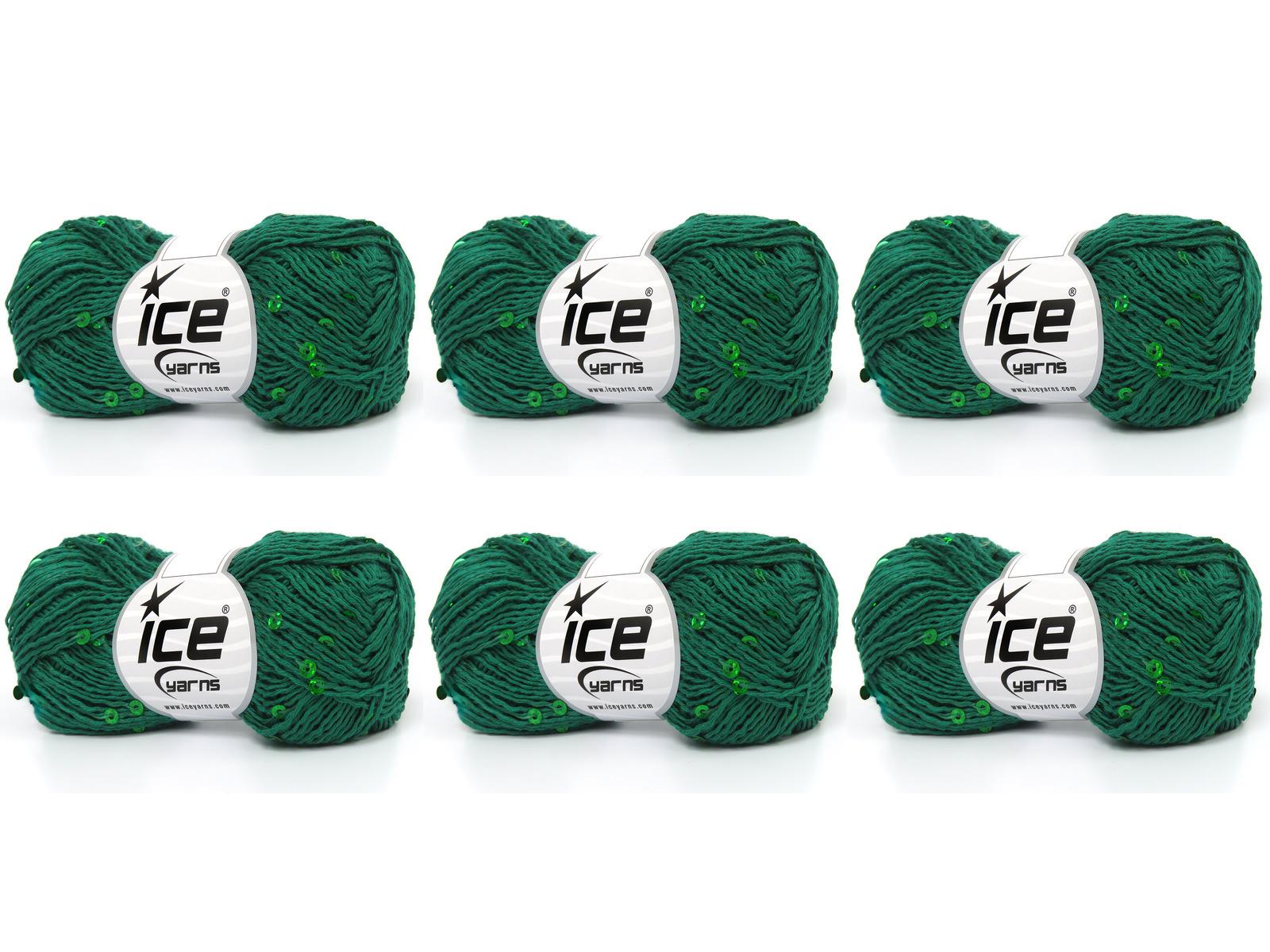 Lot of 6 Skeins Ice Yarns NATURAL COTTON LIGHT PAILLETTE (82% Cotton 18% Paillette) Yarn Dark Green