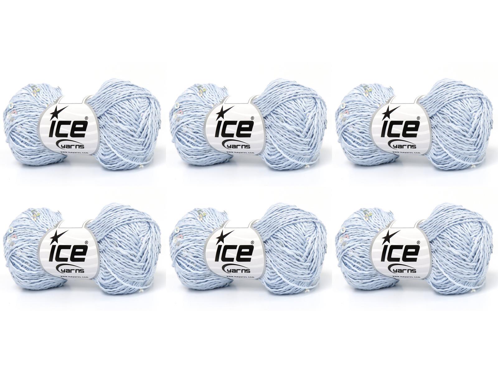 Lot of 6 Skeins Ice Yarns NATURAL COTTON LIGHT PAILLETTE (82% Cotton 18% Paillette) Yarn Baby Blue
