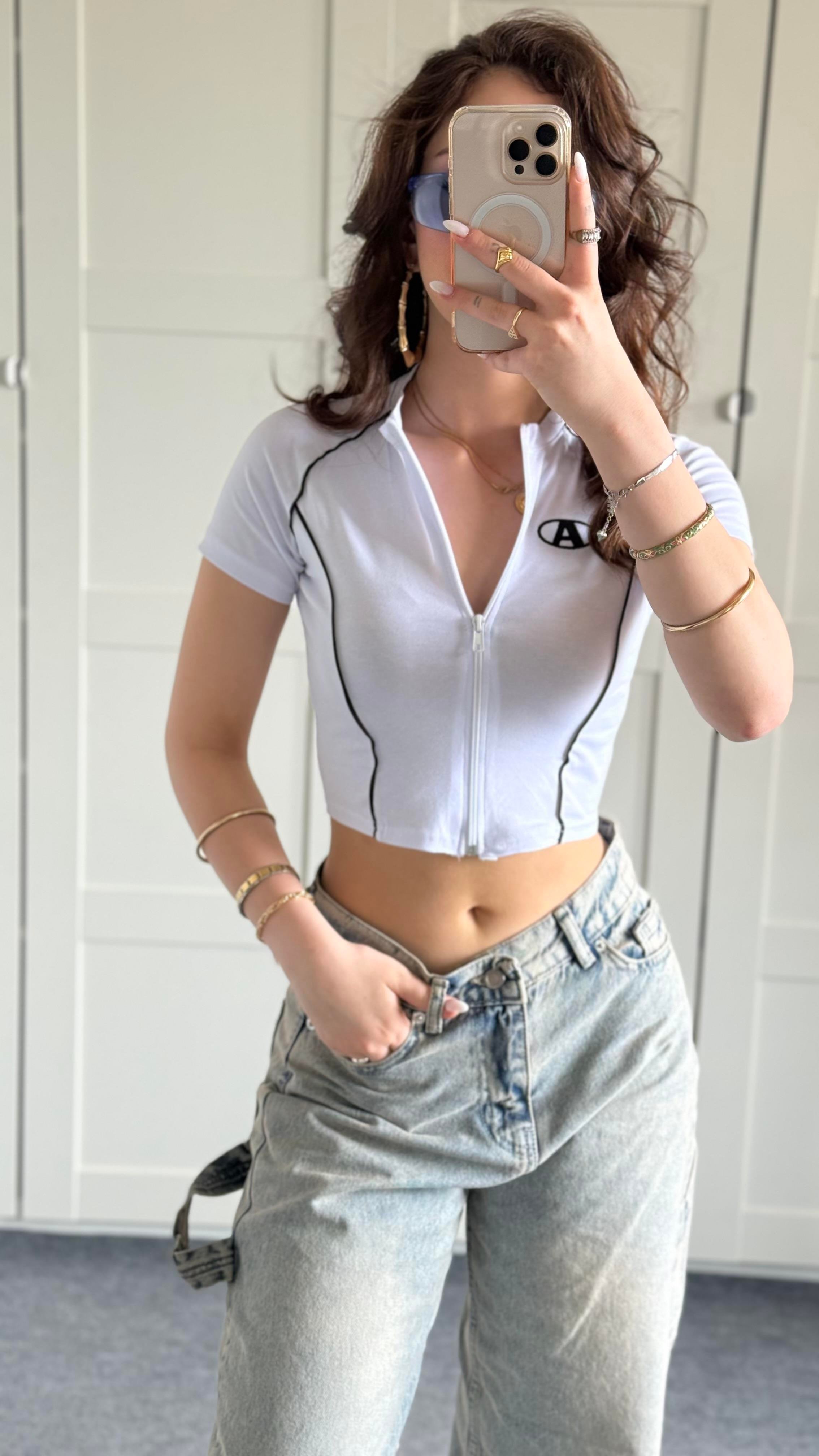A Baskı Hırka Crop Beyaz