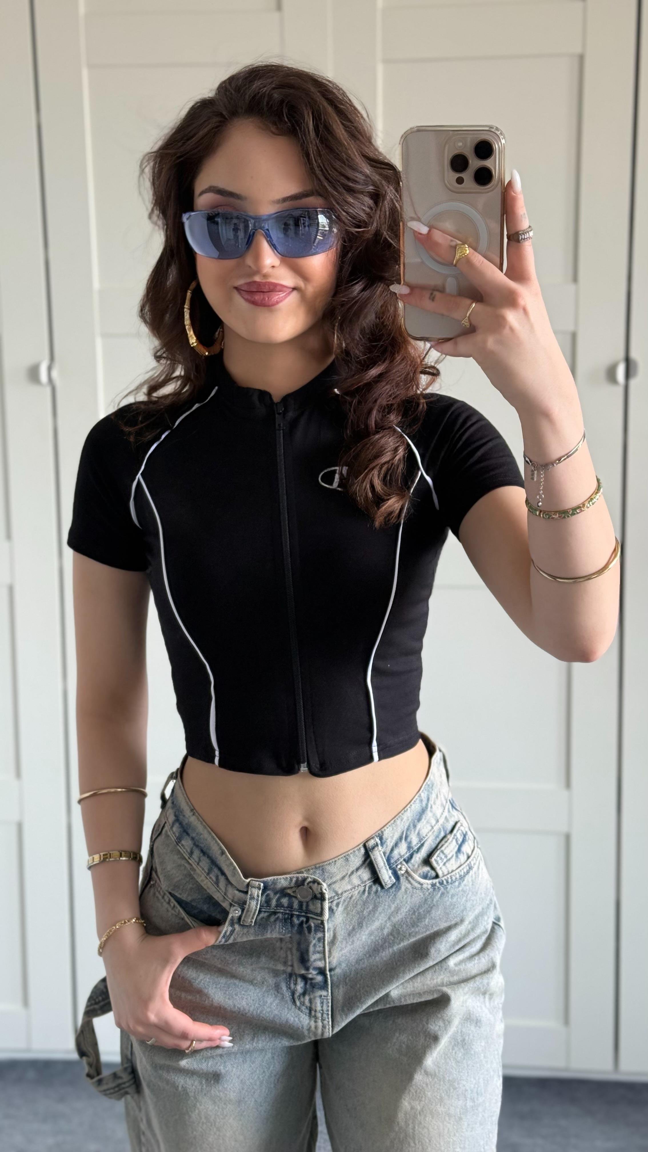 A Baskı Hırka Crop Siyah
